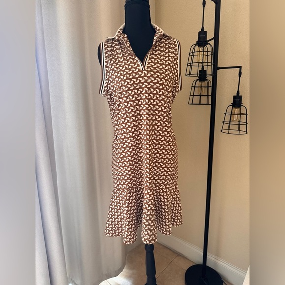 J. McLaughlin Merlin Brown White Geometric Print Dress Medium Classic Chic - Picture 2 of 9